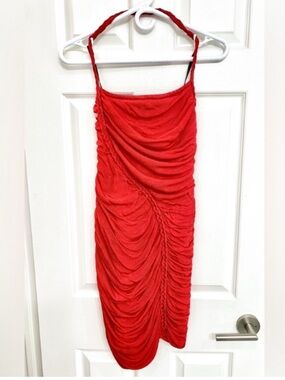 NWOT - Vibrant Red Ruched Mini Halter Bodycon Dress w/ Braid Accent